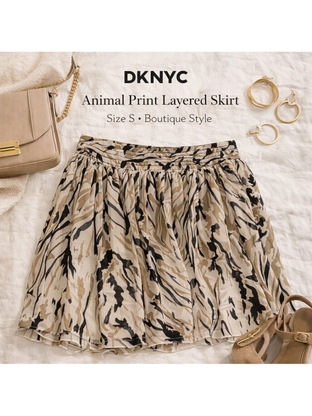 DKNYC Skirt Sheer Animal Print Flowy • Neutral Taupe/Black • Lined • Size S